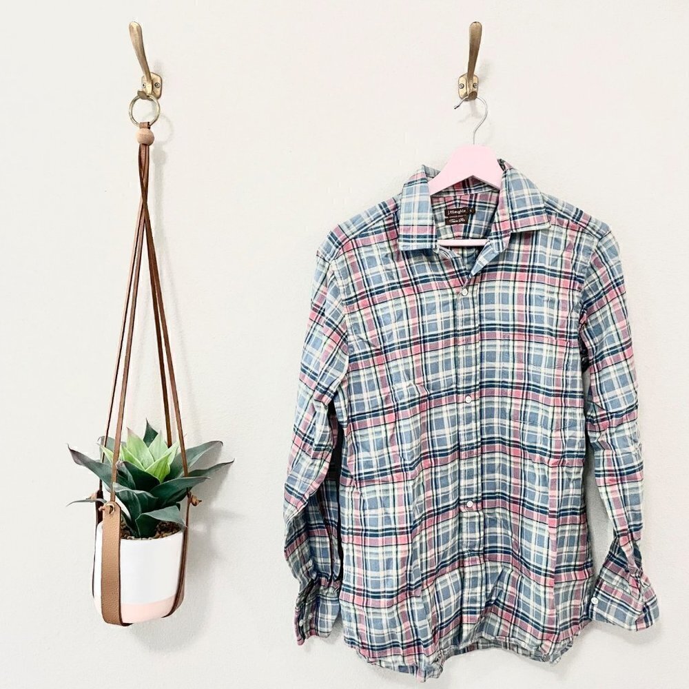 J. McLaughlin Blue Pink Plaid Trim Fit Long Sleeve Button Down Size S
